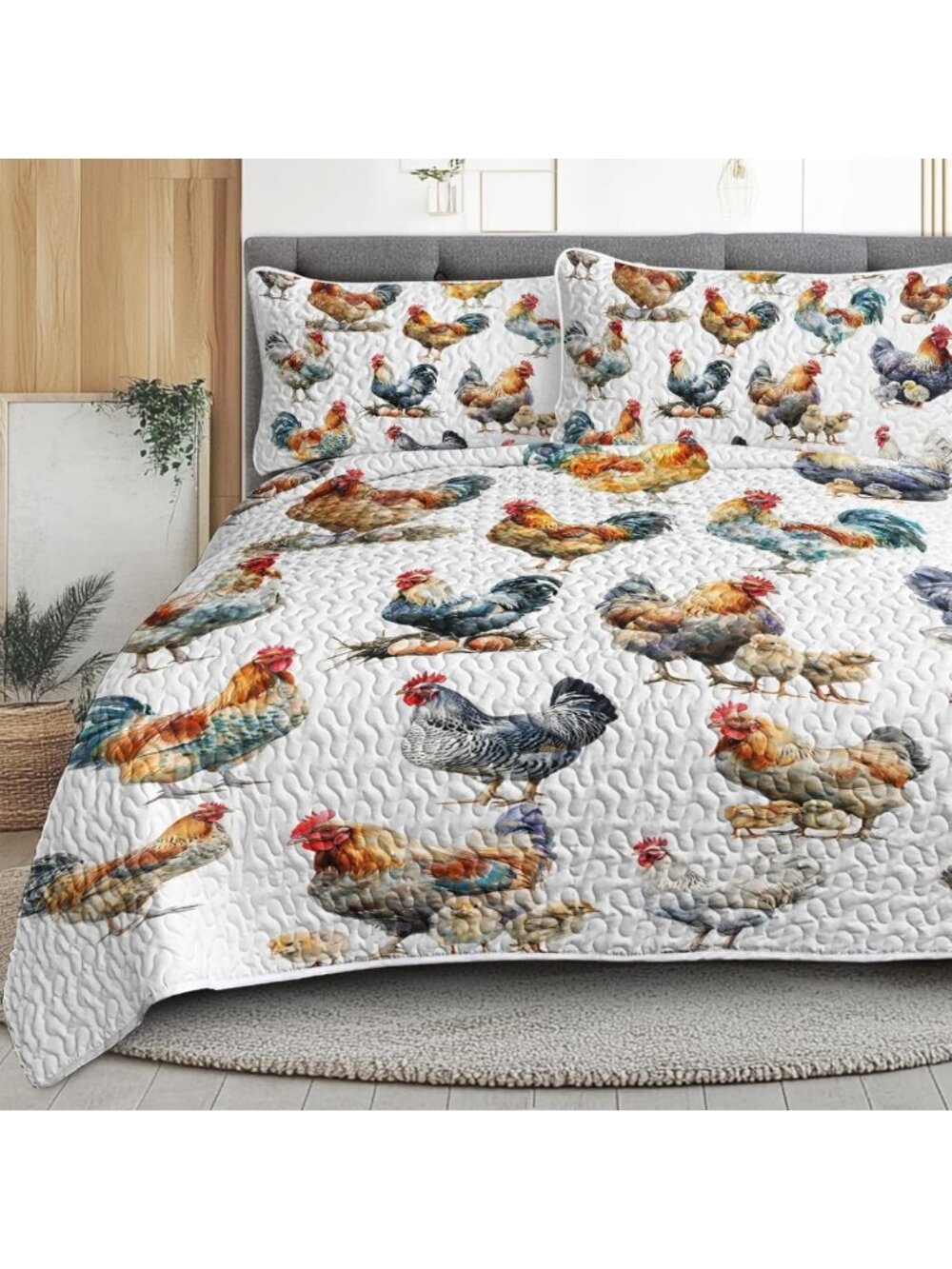 Farmhouse Rooster Quilt Set - 3-Piece Cozy Bedspread for Rustic Home Decor